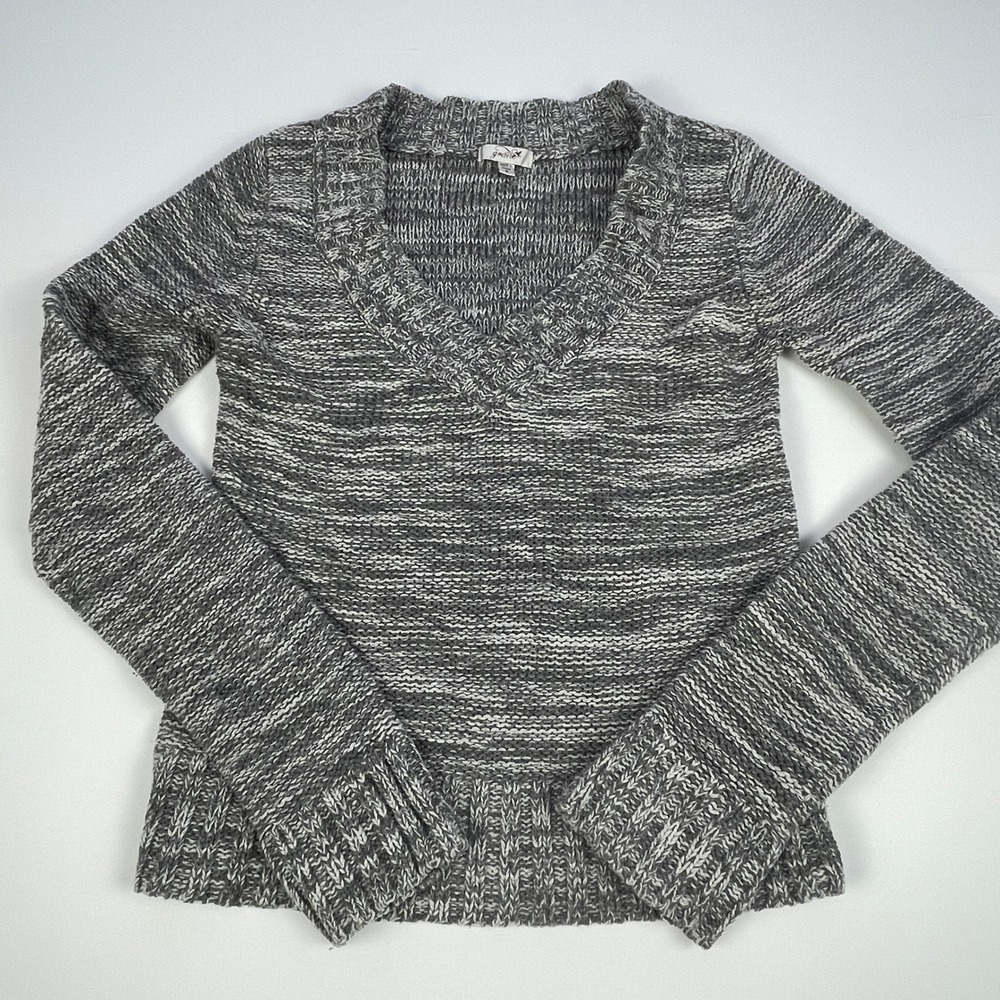 Grane Womens Marled Gray V-Neck Long Sleeve Ribbed Knit Sweater Small